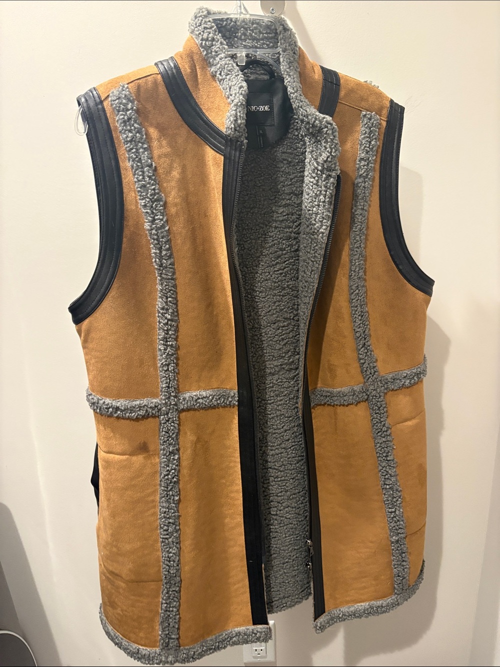 NIC+ZOE Tan Suede Vest with Gray Shearling Trim